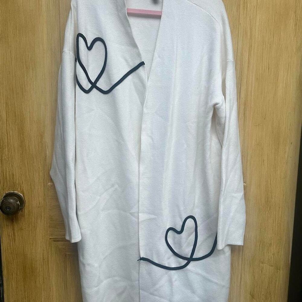 Ivory White Heart Detail Longline Cardigan Coquette Romantic nursing office sz L